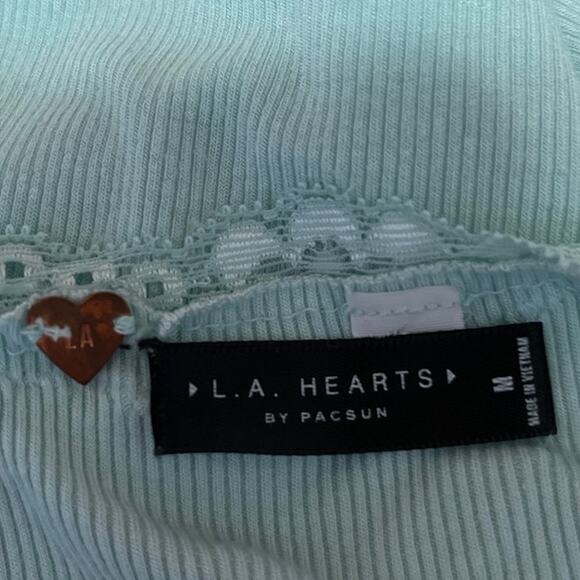 PacSun LA Hearts Blue Floral Lace Lettuce Rib Knit Cami Camisole Crop Tank Top M - Picture 3 of 4